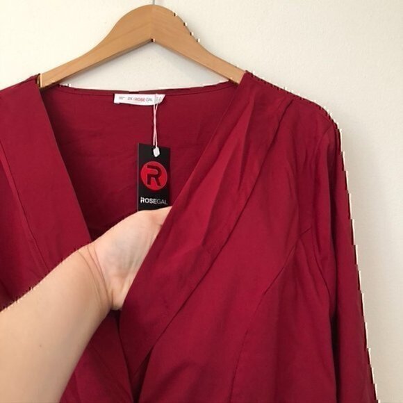 NEW NWT ROSEGAL Plus Size Solid Red V-Neck Long Sleeve Button Down Blouse Top 2X - Picture 6 of 12